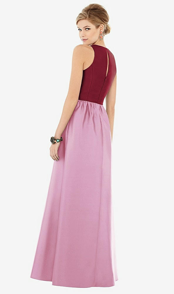 Back View - Powder Pink & Burgundy Sleeveless Keyhole Back Satin Maxi Dress
