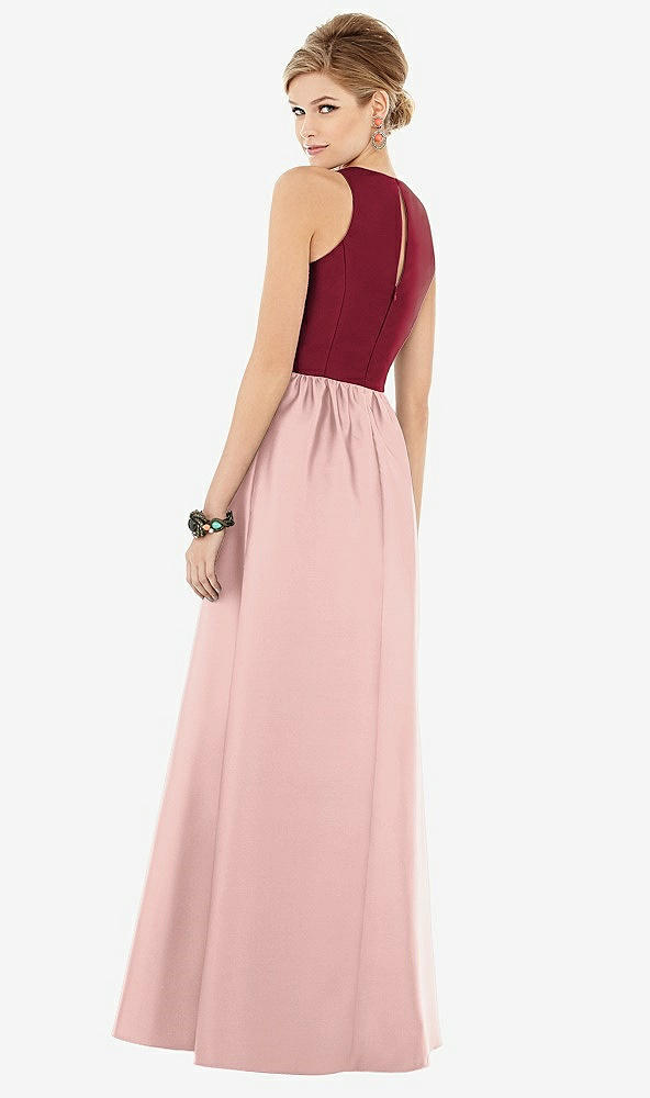 Back View - Rose - PANTONE Rose Quartz & Burgundy Sleeveless Keyhole Back Satin Maxi Dress
