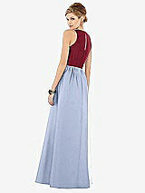 Rear View Thumbnail - Sky Blue & Burgundy Sleeveless Keyhole Back Satin Maxi Dress