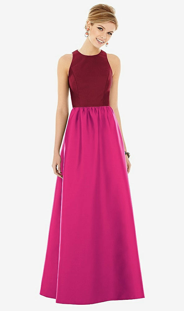Front View - Think Pink & Burgundy Sleeveless Keyhole Back Satin Maxi Dress