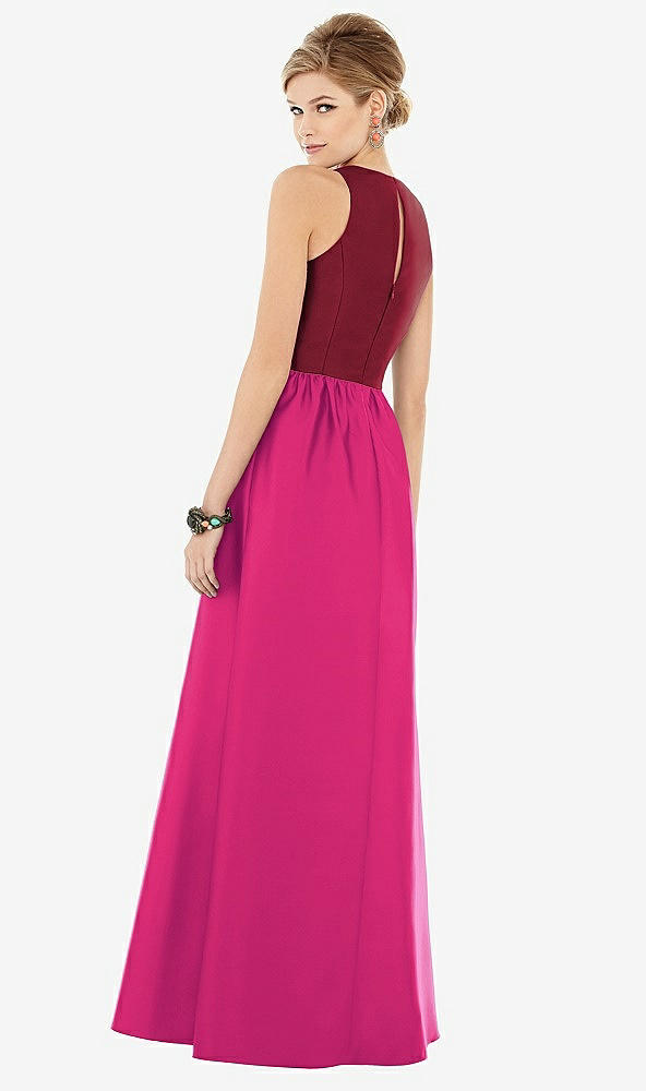 Back View - Think Pink & Burgundy Sleeveless Keyhole Back Satin Maxi Dress