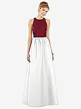 Front View Thumbnail - White & Burgundy Sleeveless Keyhole Back Satin Maxi Dress