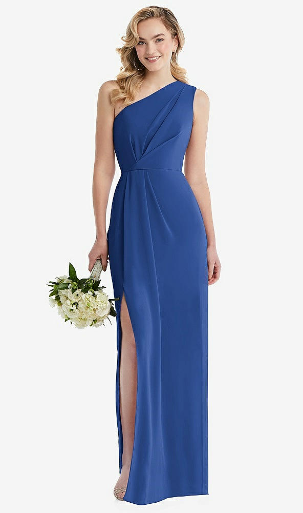 Front View - Classic Blue One-Shoulder Draped Bodice Column Gown