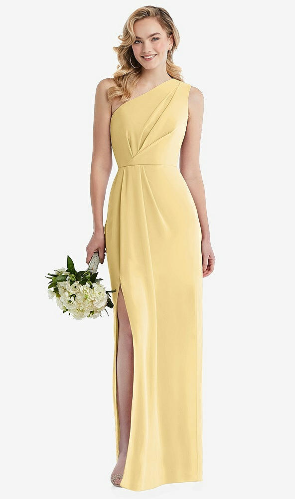Front View - Buttercup One-Shoulder Draped Bodice Column Gown