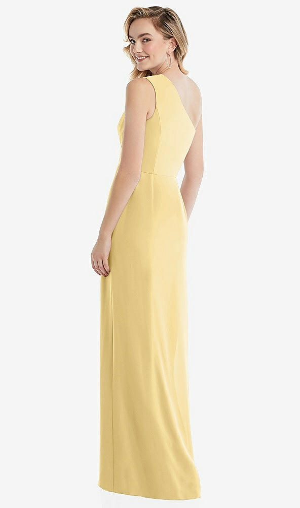 Back View - Buttercup One-Shoulder Draped Bodice Column Gown