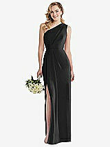 Front View Thumbnail - Black One-Shoulder Draped Bodice Column Gown