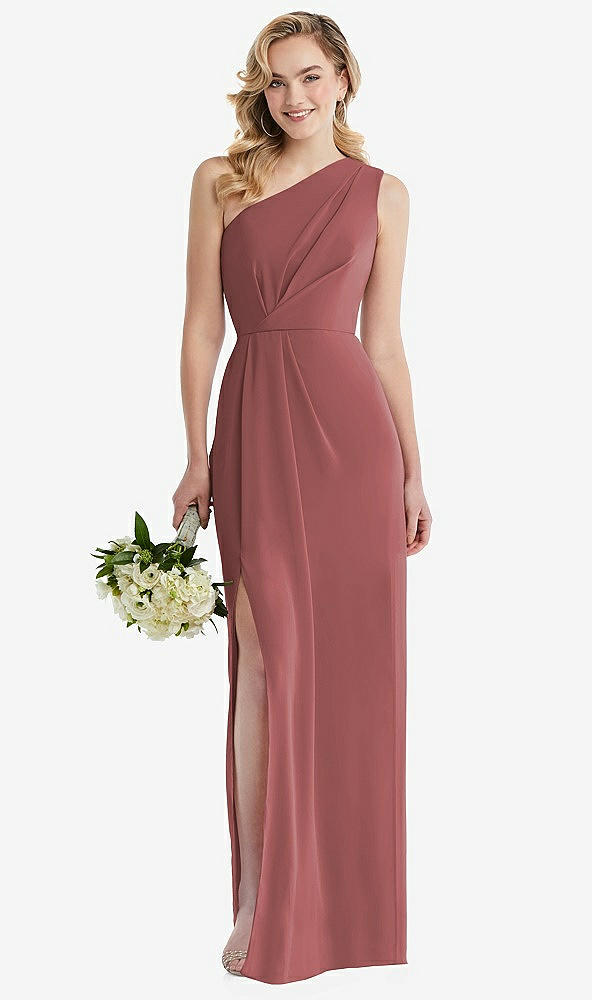 Front View - English Rose One-Shoulder Draped Bodice Column Gown