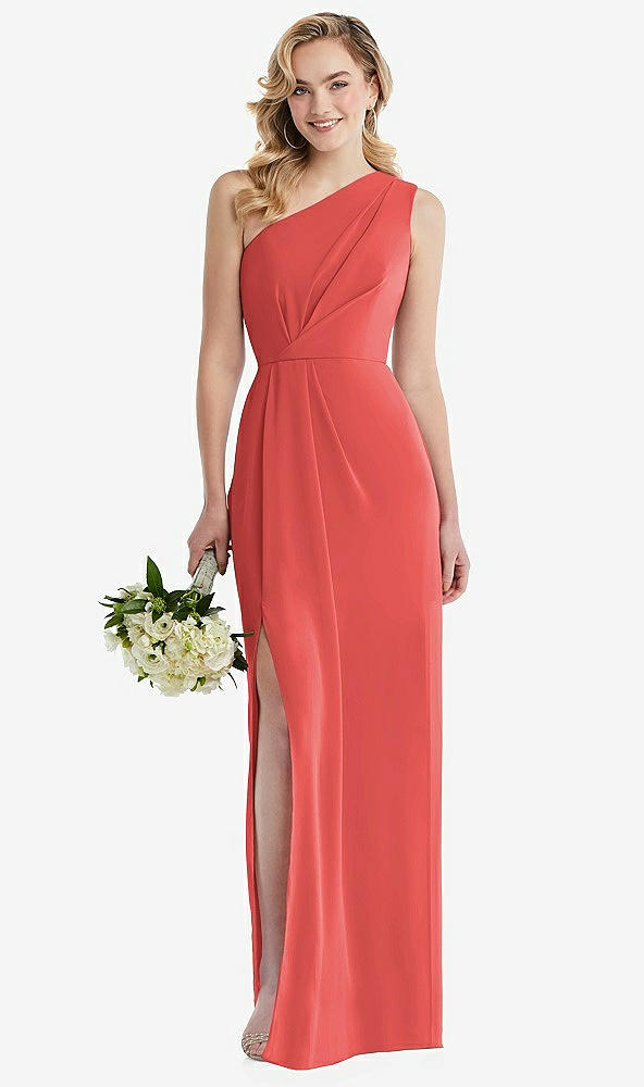 Front View - Perfect Coral One-Shoulder Draped Bodice Column Gown