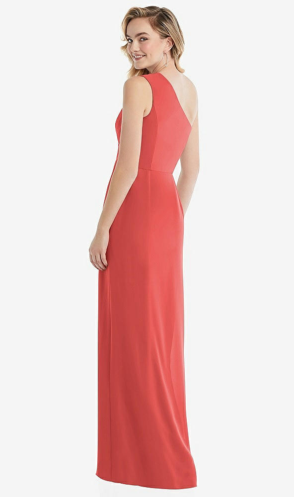 Back View - Perfect Coral One-Shoulder Draped Bodice Column Gown