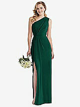Front View Thumbnail - Hunter Green One-Shoulder Draped Bodice Column Gown