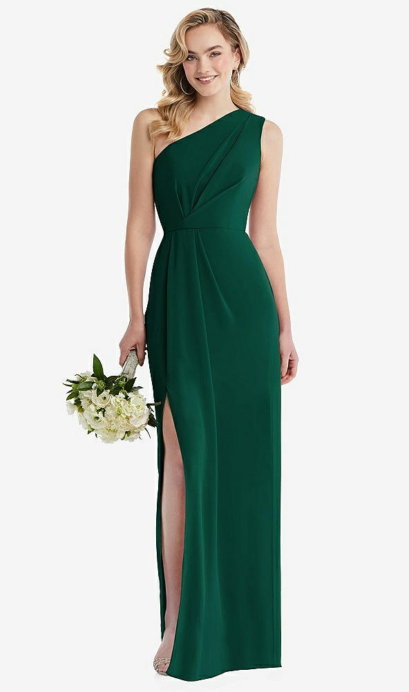 Front View - Hunter Green One-Shoulder Draped Bodice Column Gown