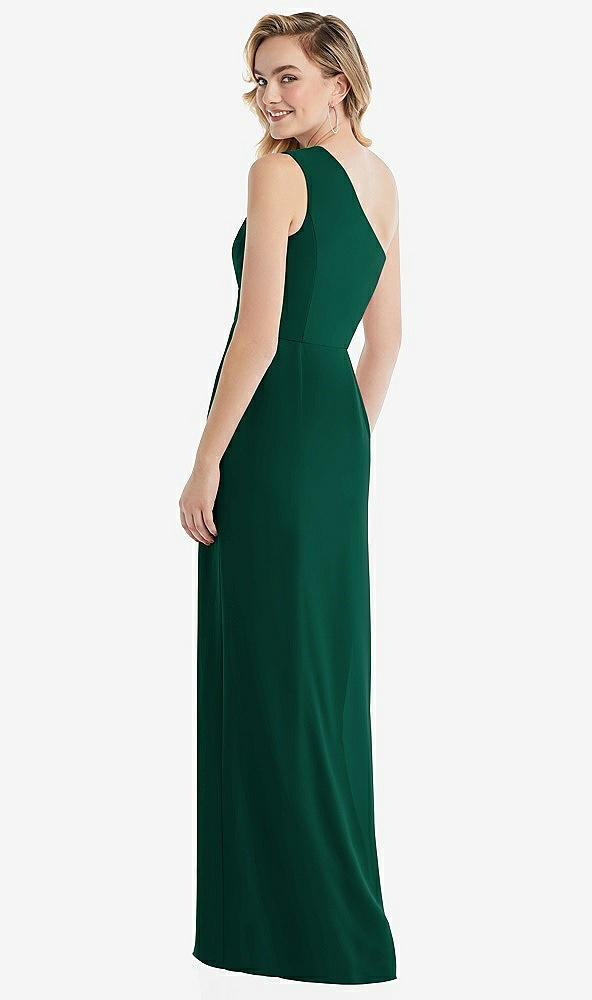 Back View - Hunter Green One-Shoulder Draped Bodice Column Gown