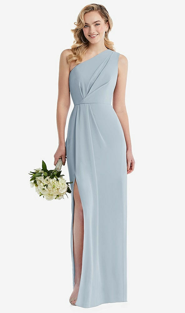 Front View - Mist One-Shoulder Draped Bodice Column Gown