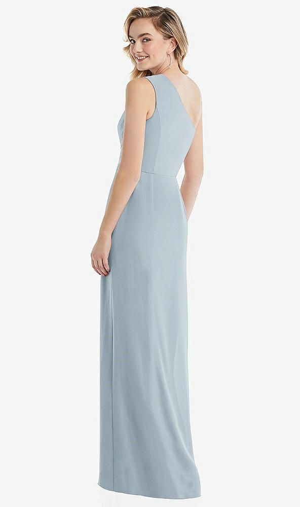 Back View - Mist One-Shoulder Draped Bodice Column Gown