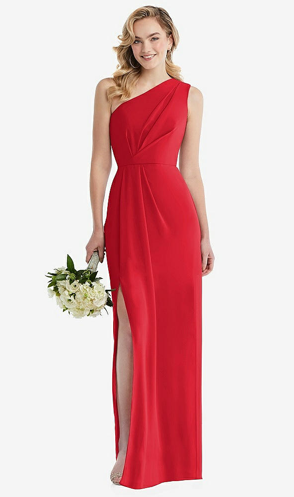 Front View - Parisian Red One-Shoulder Draped Bodice Column Gown