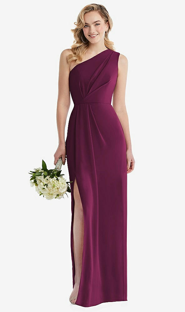 Front View - Ruby One-Shoulder Draped Bodice Column Gown