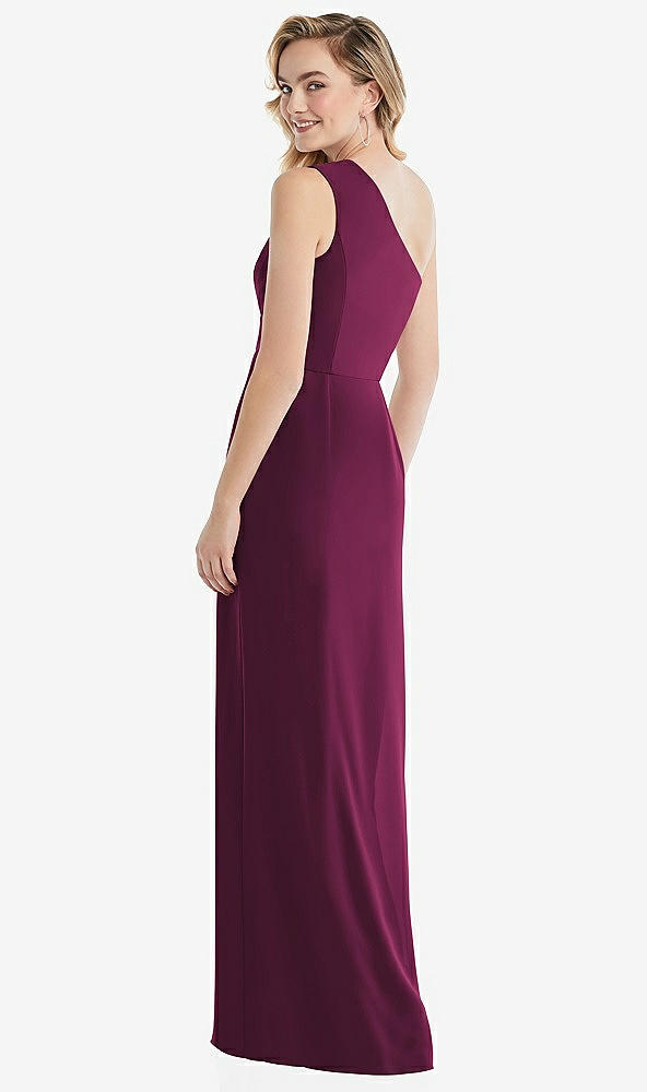 Back View - Ruby One-Shoulder Draped Bodice Column Gown