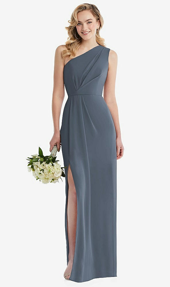Front View - Silverstone One-Shoulder Draped Bodice Column Gown
