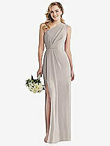 Front View Thumbnail - Taupe One-Shoulder Draped Bodice Column Gown