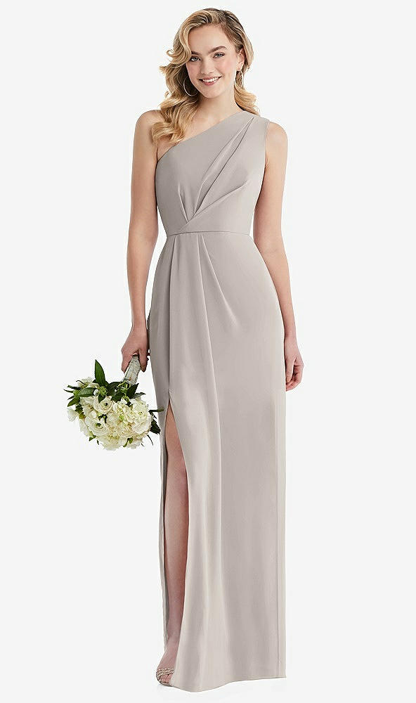 Front View - Taupe One-Shoulder Draped Bodice Column Gown