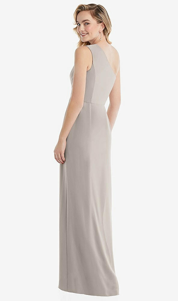 Back View - Taupe One-Shoulder Draped Bodice Column Gown