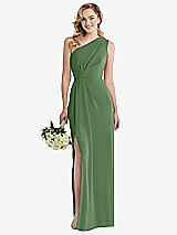 Front View Thumbnail - Vineyard Green One-Shoulder Draped Bodice Column Gown