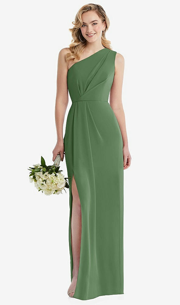 Front View - Vineyard Green One-Shoulder Draped Bodice Column Gown