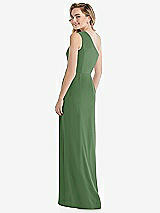 Rear View Thumbnail - Vineyard Green One-Shoulder Draped Bodice Column Gown