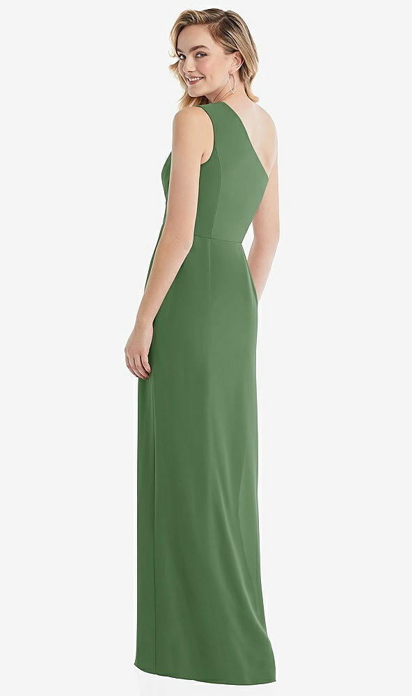 Back View - Vineyard Green One-Shoulder Draped Bodice Column Gown
