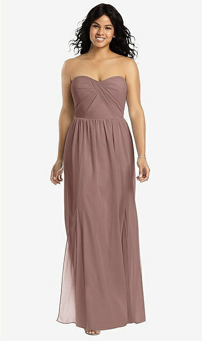 Strapless Draped Bodice Maxi Bridesmaid Dress With Front Slits In