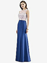 Front View Thumbnail - Classic Blue & Blush Lace Bodice Open-Back Trumpet Gown with Bow Belt