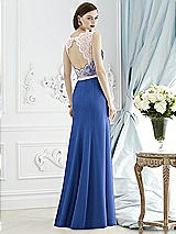 Rear View Thumbnail - Classic Blue & Blush Lace Bodice Open-Back Trumpet Gown with Bow Belt