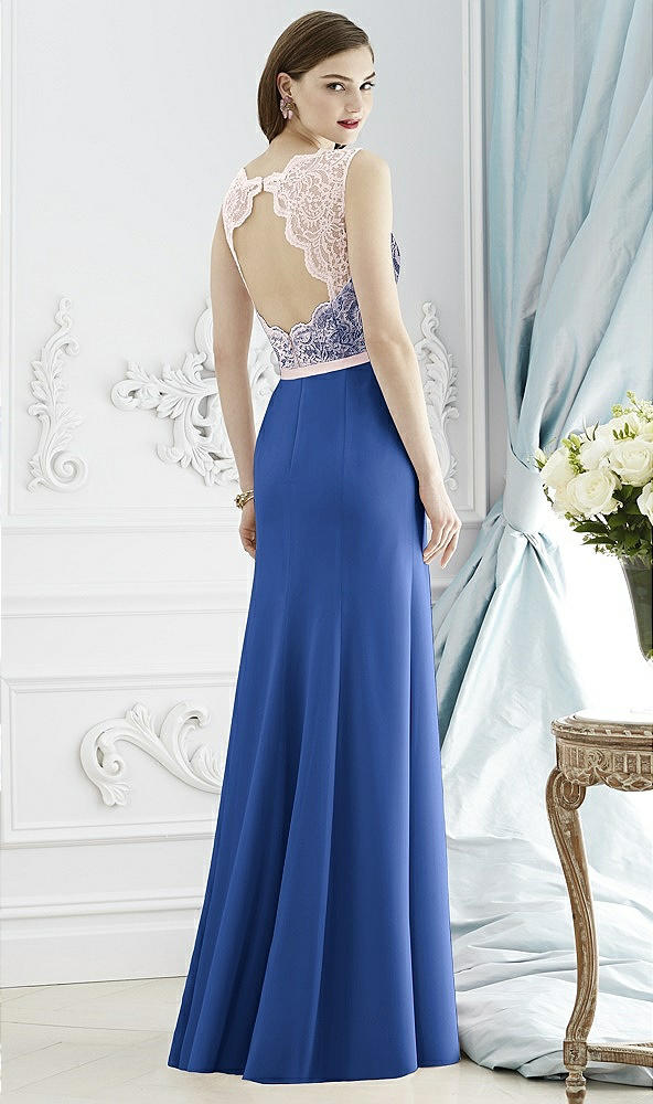 Back View - Classic Blue & Blush Lace Bodice Open-Back Trumpet Gown with Bow Belt