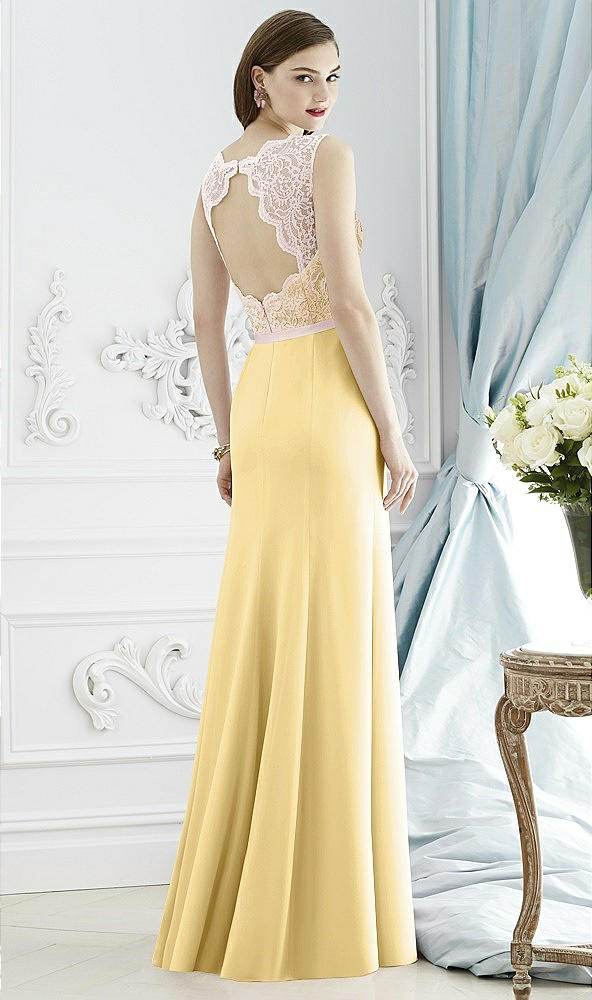 Back View - Buttercup & Blush Lace Bodice Open-Back Trumpet Gown with Bow Belt