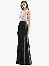 Front View Thumbnail - Black & Blush Lace Bodice Open-Back Trumpet Gown with Bow Belt