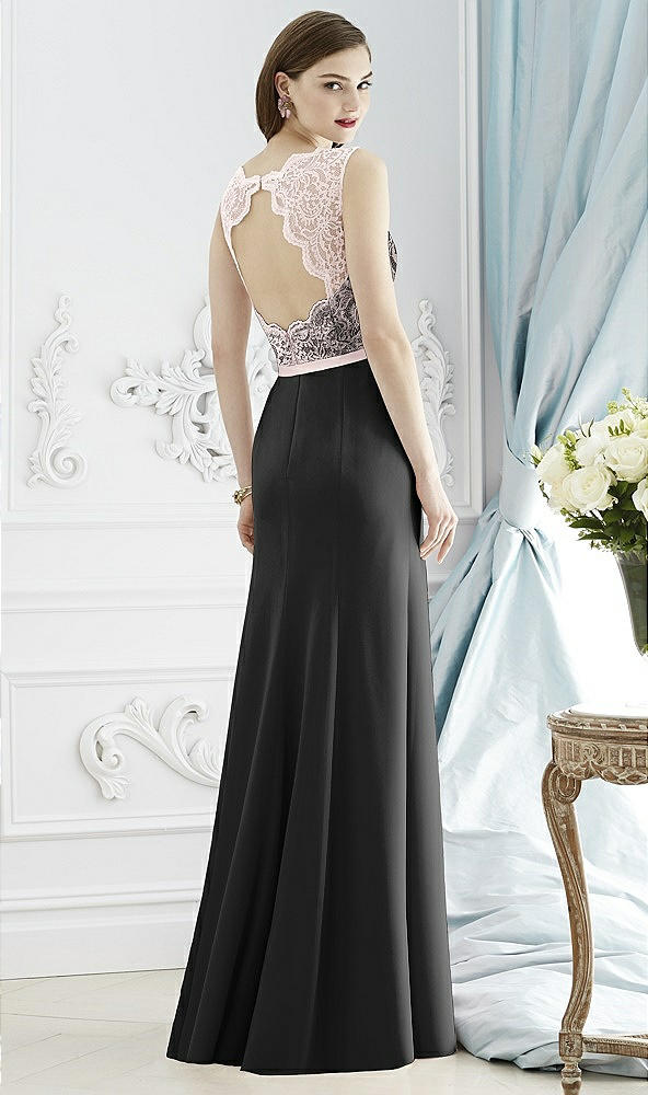 Back View - Black & Blush Lace Bodice Open-Back Trumpet Gown with Bow Belt