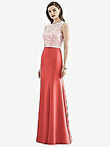 Front View Thumbnail - Perfect Coral & Blush Lace Bodice Open-Back Trumpet Gown with Bow Belt