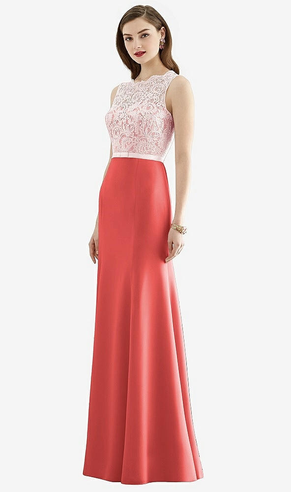 Front View - Perfect Coral & Blush Lace Bodice Open-Back Trumpet Gown with Bow Belt