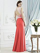 Rear View Thumbnail - Perfect Coral & Blush Lace Bodice Open-Back Trumpet Gown with Bow Belt