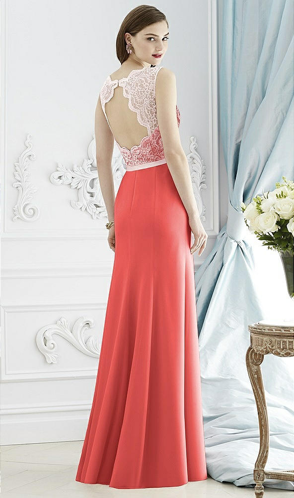 Back View - Perfect Coral & Blush Lace Bodice Open-Back Trumpet Gown with Bow Belt