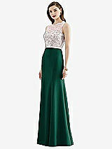 Front View Thumbnail - Hunter Green & Blush Lace Bodice Open-Back Trumpet Gown with Bow Belt