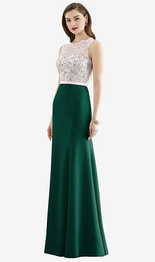 Front View - Hunter Green & Blush Lace Bodice Open-Back Trumpet Gown with Bow Belt