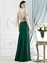 Rear View Thumbnail - Hunter Green & Blush Lace Bodice Open-Back Trumpet Gown with Bow Belt