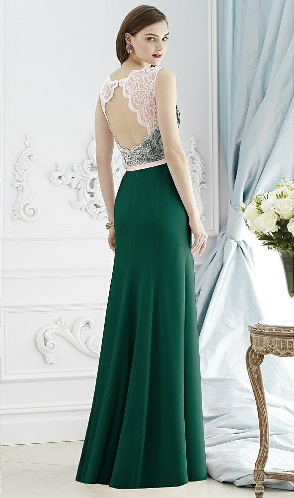 Back View - Hunter Green & Blush Lace Bodice Open-Back Trumpet Gown with Bow Belt