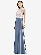 Front View Thumbnail - Larkspur Blue & Blush Lace Bodice Open-Back Trumpet Gown with Bow Belt