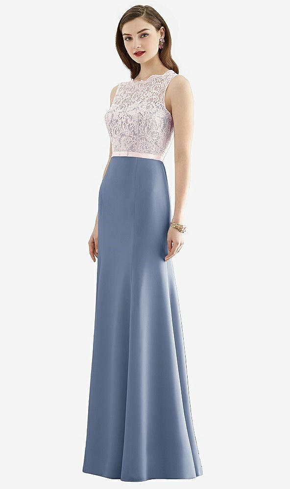 Front View - Larkspur Blue & Blush Lace Bodice Open-Back Trumpet Gown with Bow Belt
