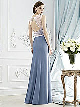 Rear View Thumbnail - Larkspur Blue & Blush Lace Bodice Open-Back Trumpet Gown with Bow Belt