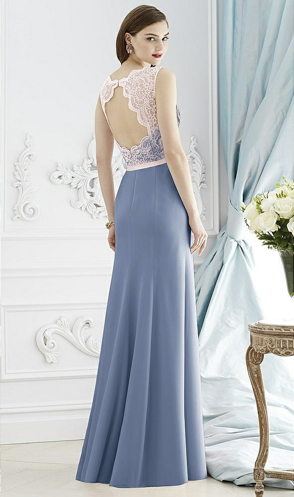 Back View - Larkspur Blue & Blush Lace Bodice Open-Back Trumpet Gown with Bow Belt