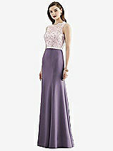 Front View Thumbnail - Lavender & Blush Lace Bodice Open-Back Trumpet Gown with Bow Belt