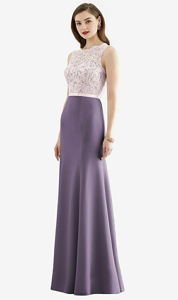 Front View - Lavender & Blush Lace Bodice Open-Back Trumpet Gown with Bow Belt